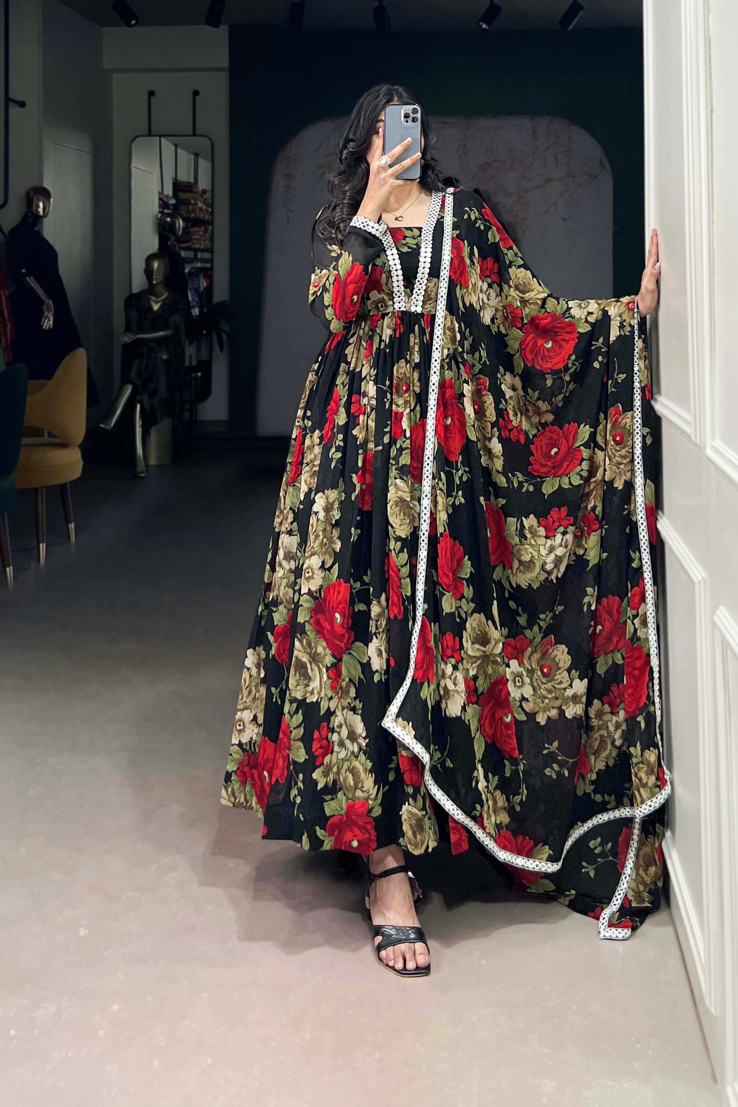 Indian Designer Red Floral Printed Georgette Anarkali Gown for Wear