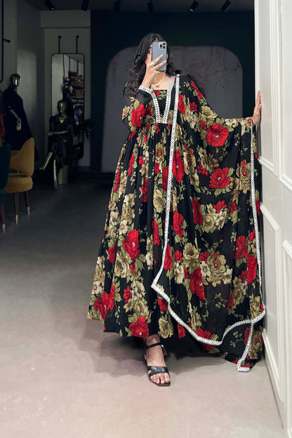 Indian Designer Red Floral Printed Georgette Anarkali Gown for Wear