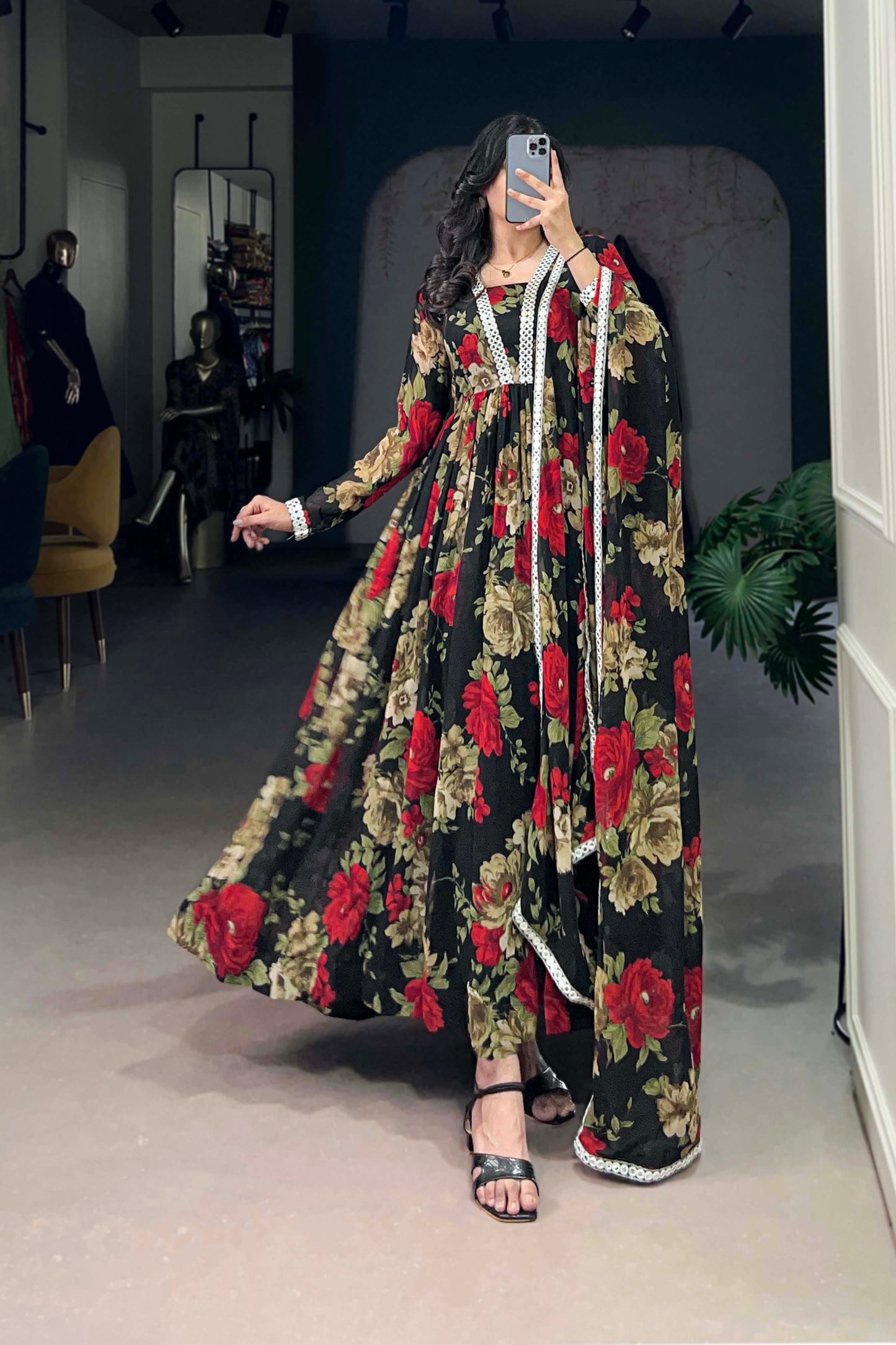 Indian Designer Red Floral Printed Georgette Anarkali Gown for Wear