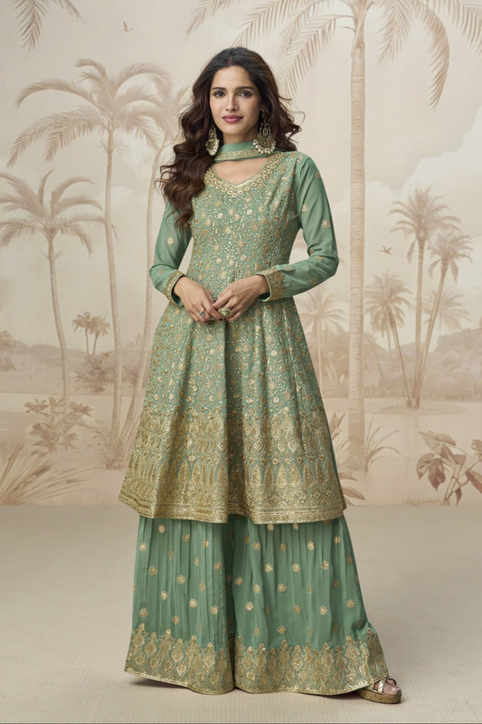 Green Ready To Wear Embroidered Suit with Dupatta for Special Function
