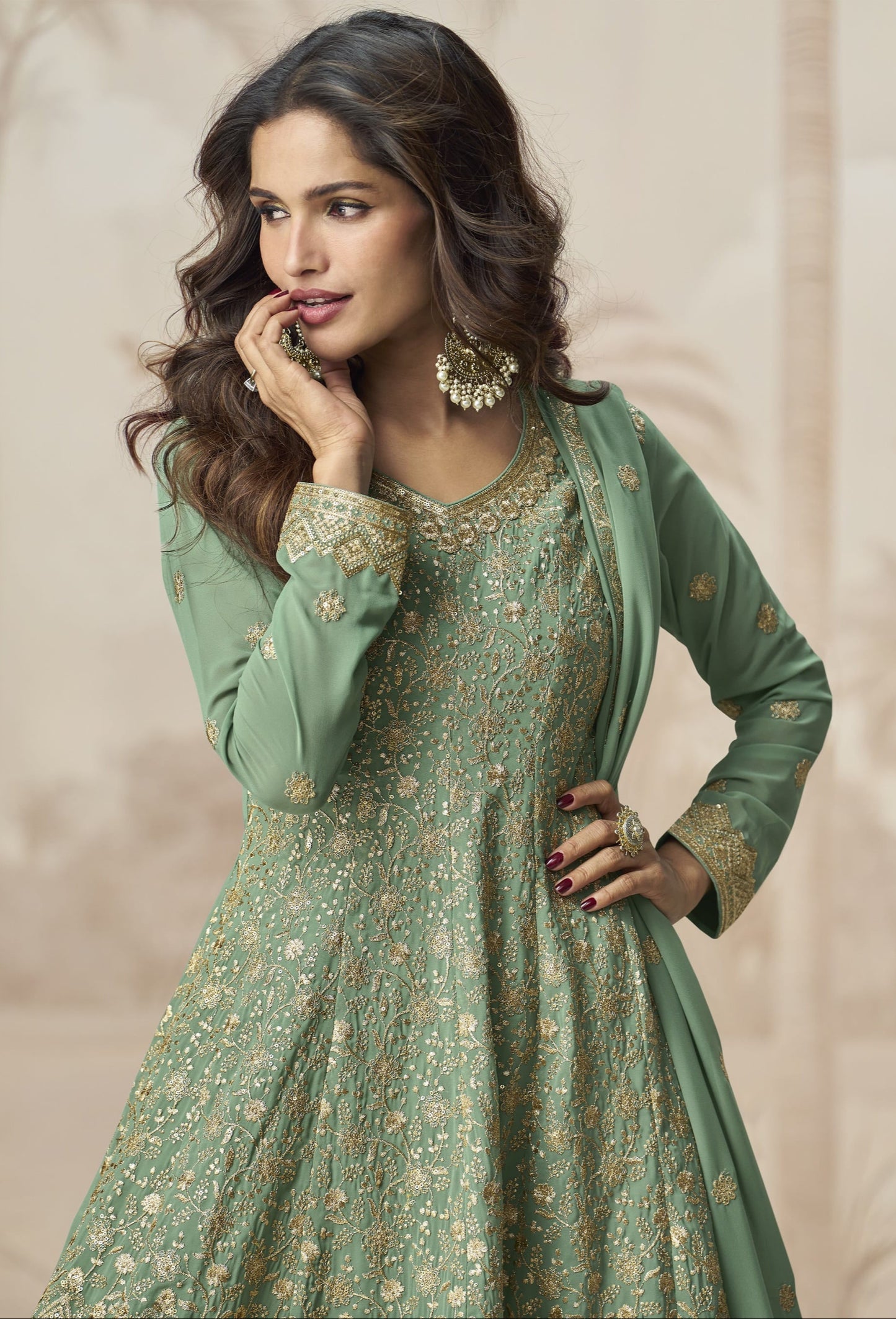 Green Ready To Wear Embroidered Suit with Dupatta for Special Function