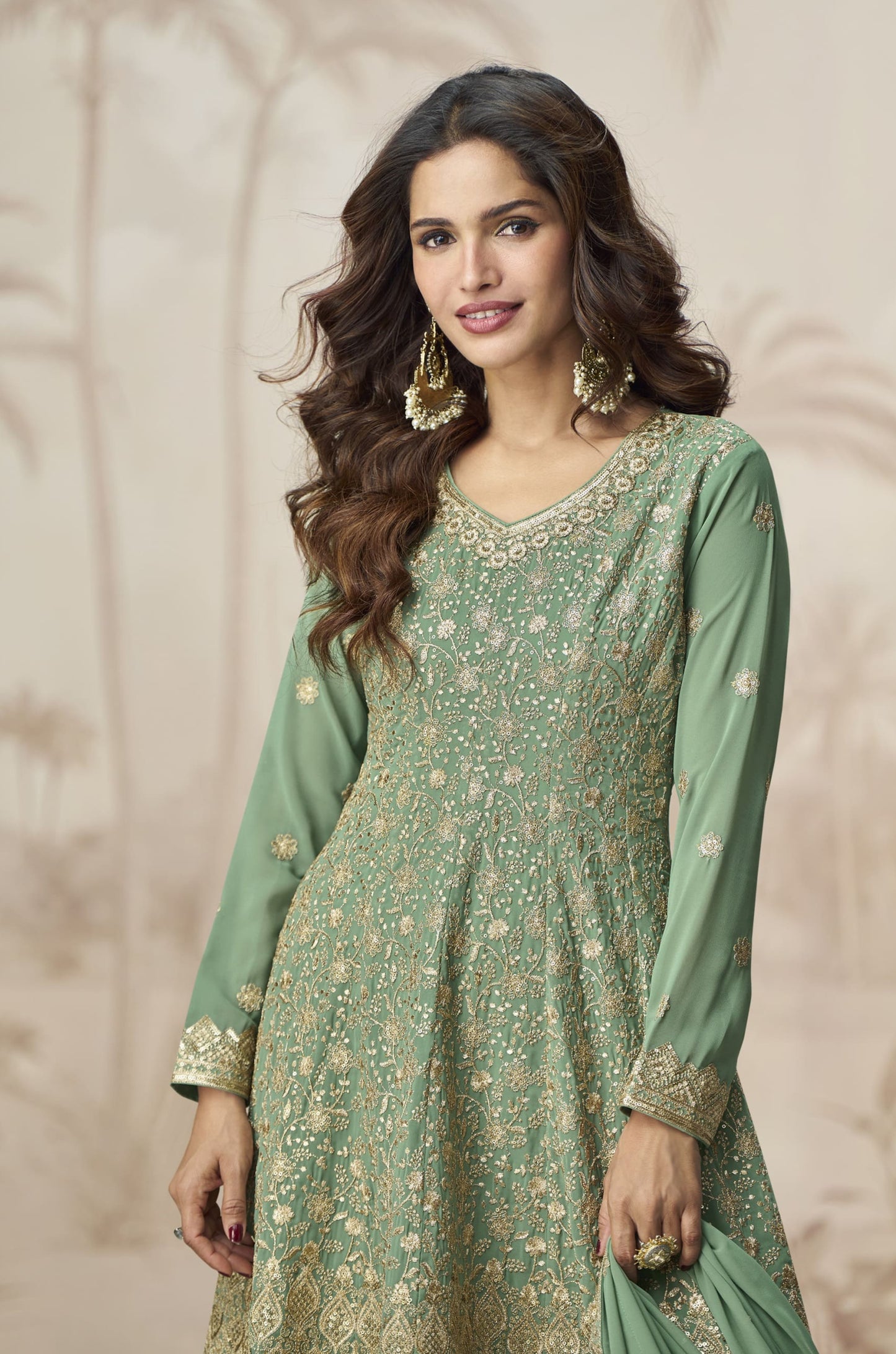 Green Ready To Wear Embroidered Suit with Dupatta for Special Function