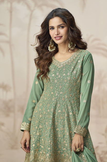 Green Ready To Wear Embroidered Suit with Dupatta for Special Function
