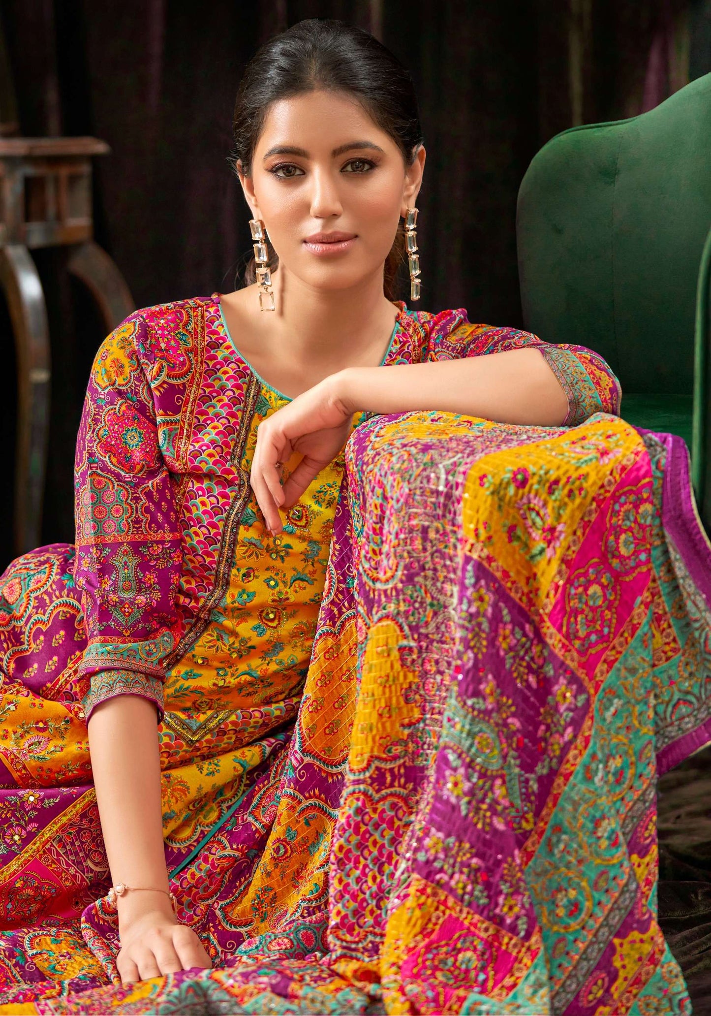 Casual digital printed maslin salwar kameez pant suit with dupatta