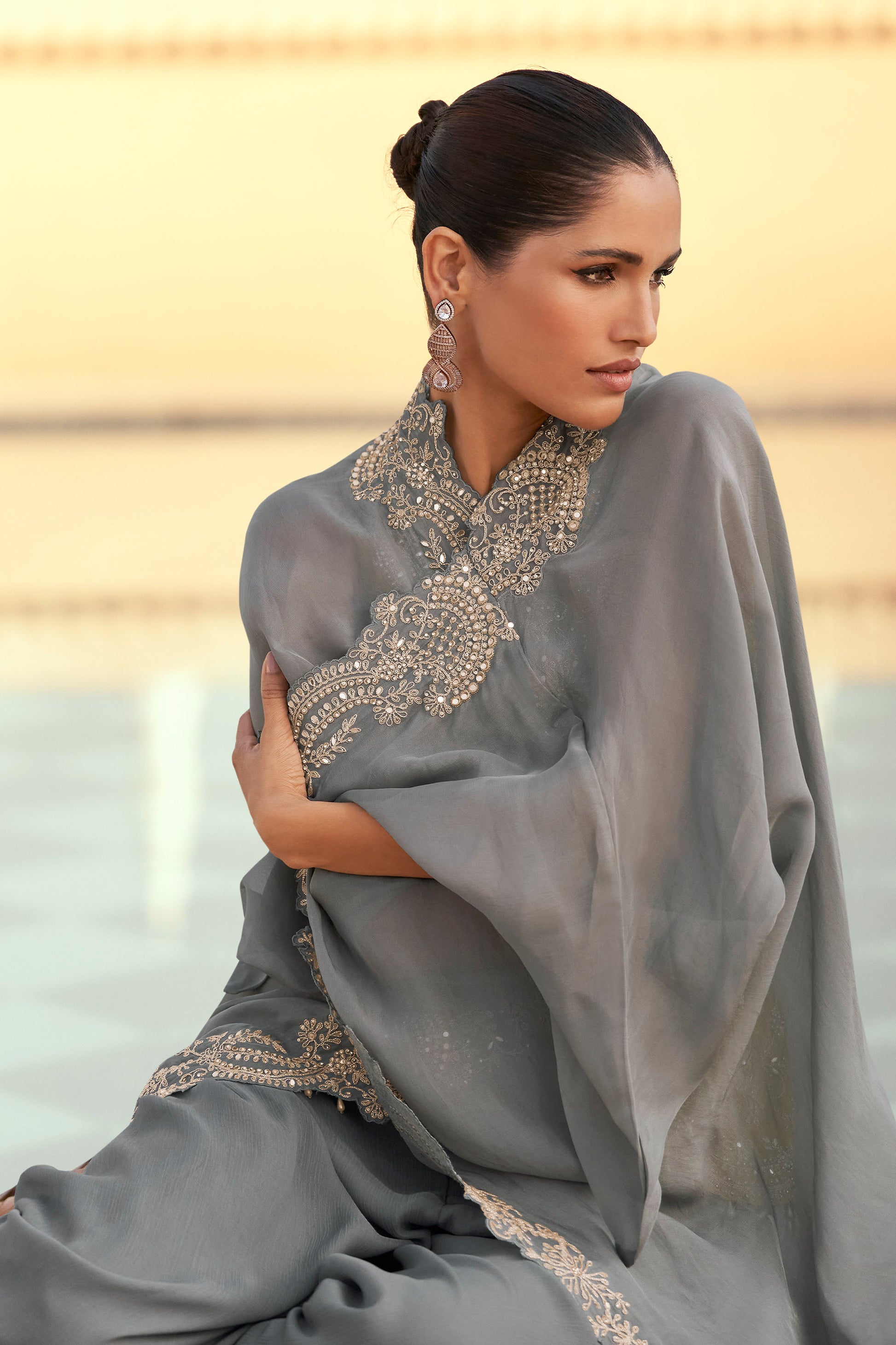 Gorgeous Designer Western Wear Premium Chinon Silk Salwar Kameez Suit 