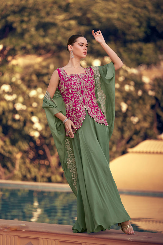 Stylish Designer Sage Green Western Wear Premium Silk Suit With Dupatta