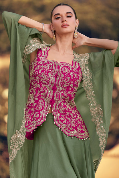 Stylish Designer Sage Green Western Wear Premium Silk Suit With Dupatta