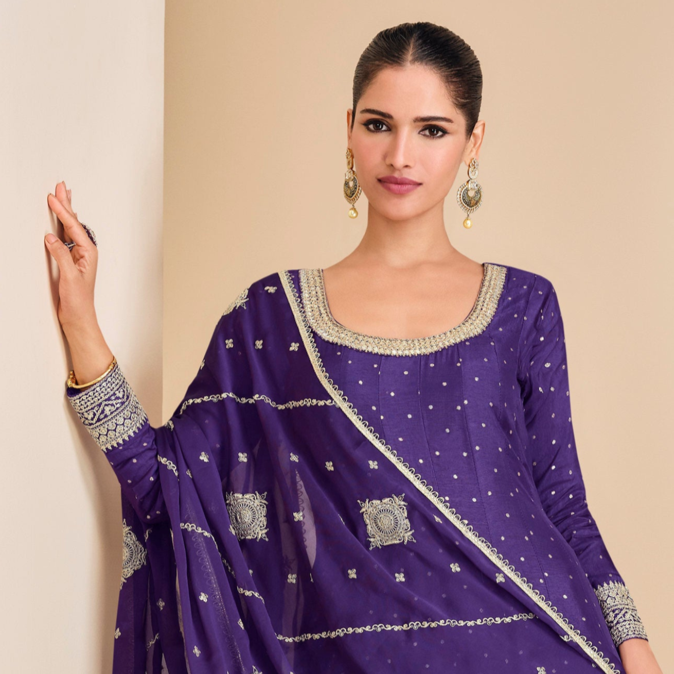 Purple Embroidered Anarkali Gown With Dupatta For Pakistani Wedding Reception
