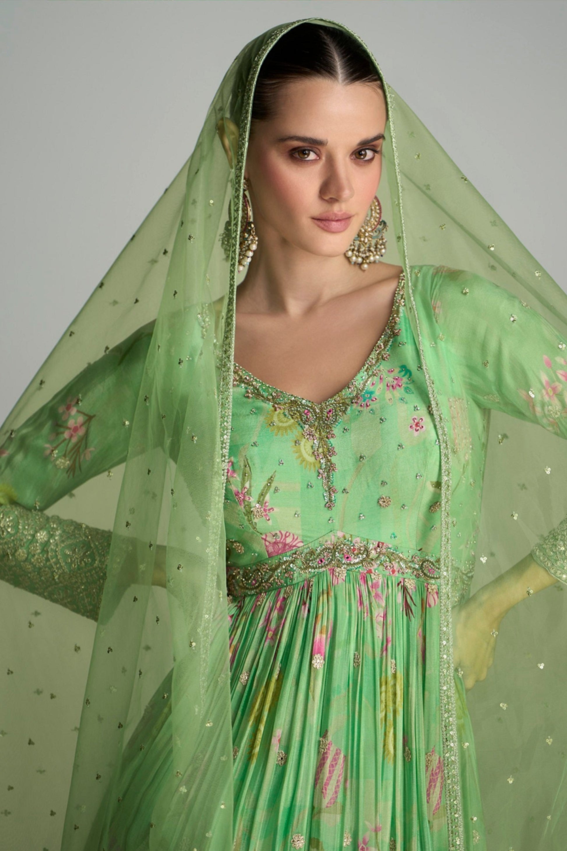 Reception Party Wear Stylish Stitched Long Chinon Silk Anarkali Dupatta Gown Suits 