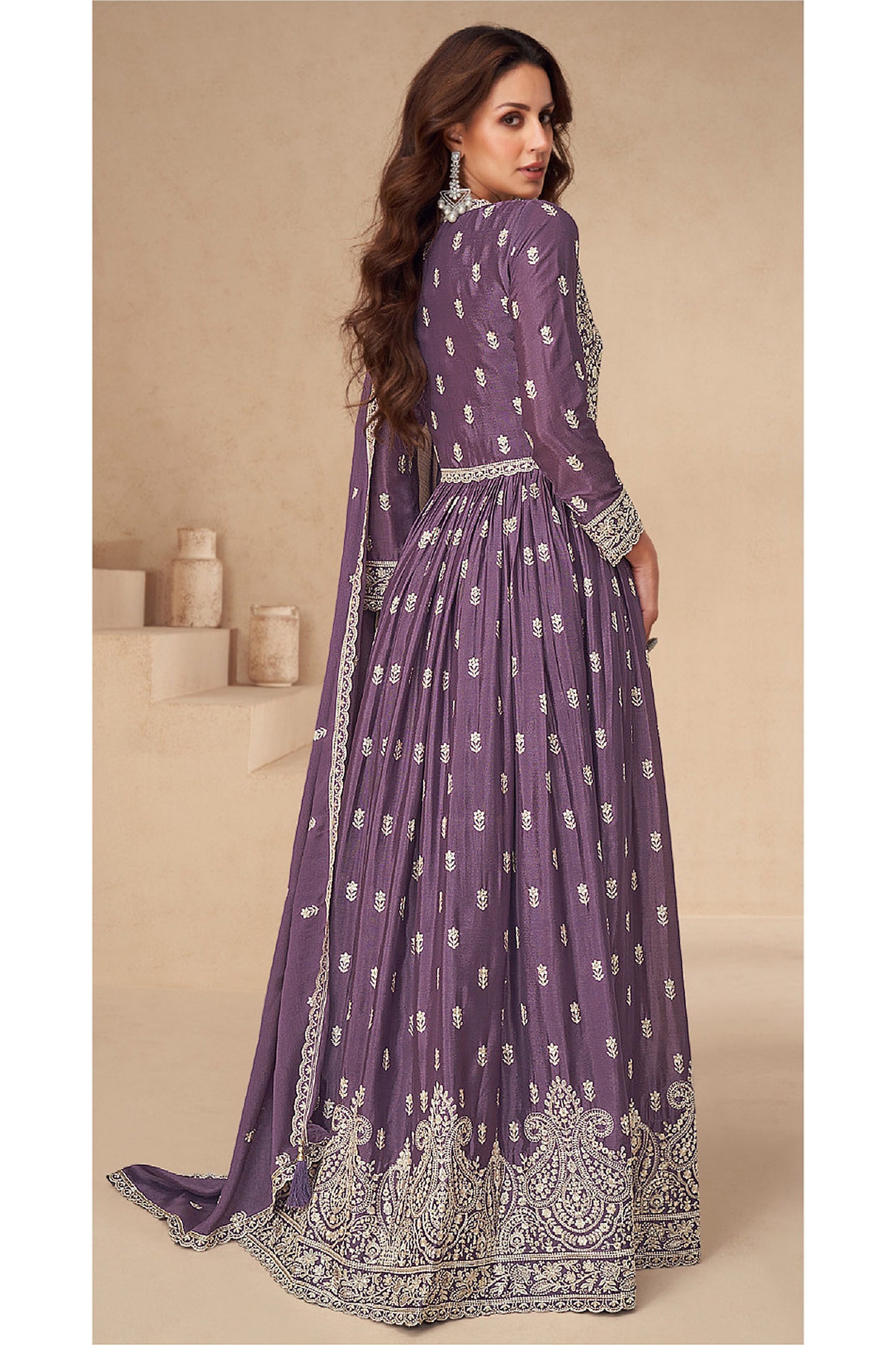 Bollywood Party Wear Stitched Heavy Dull Santoon Lavender Anarkali Gown Dupatta Gown Suit's