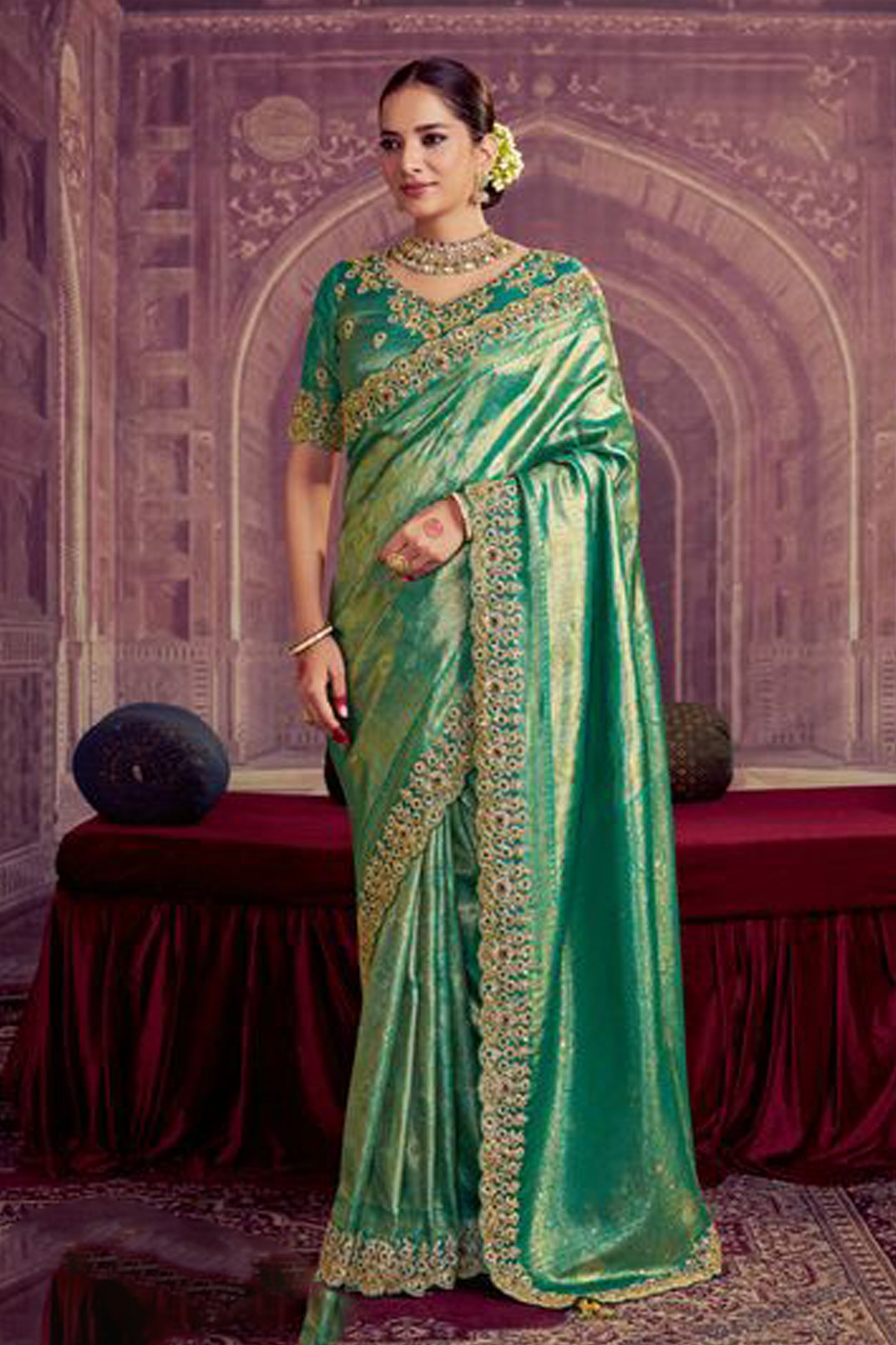 Green Silk Kanjivaram Wedding Saree With Golden Zari Embroidery And Stitched Blouse - Ready To Wear Indian Ethnic Wear