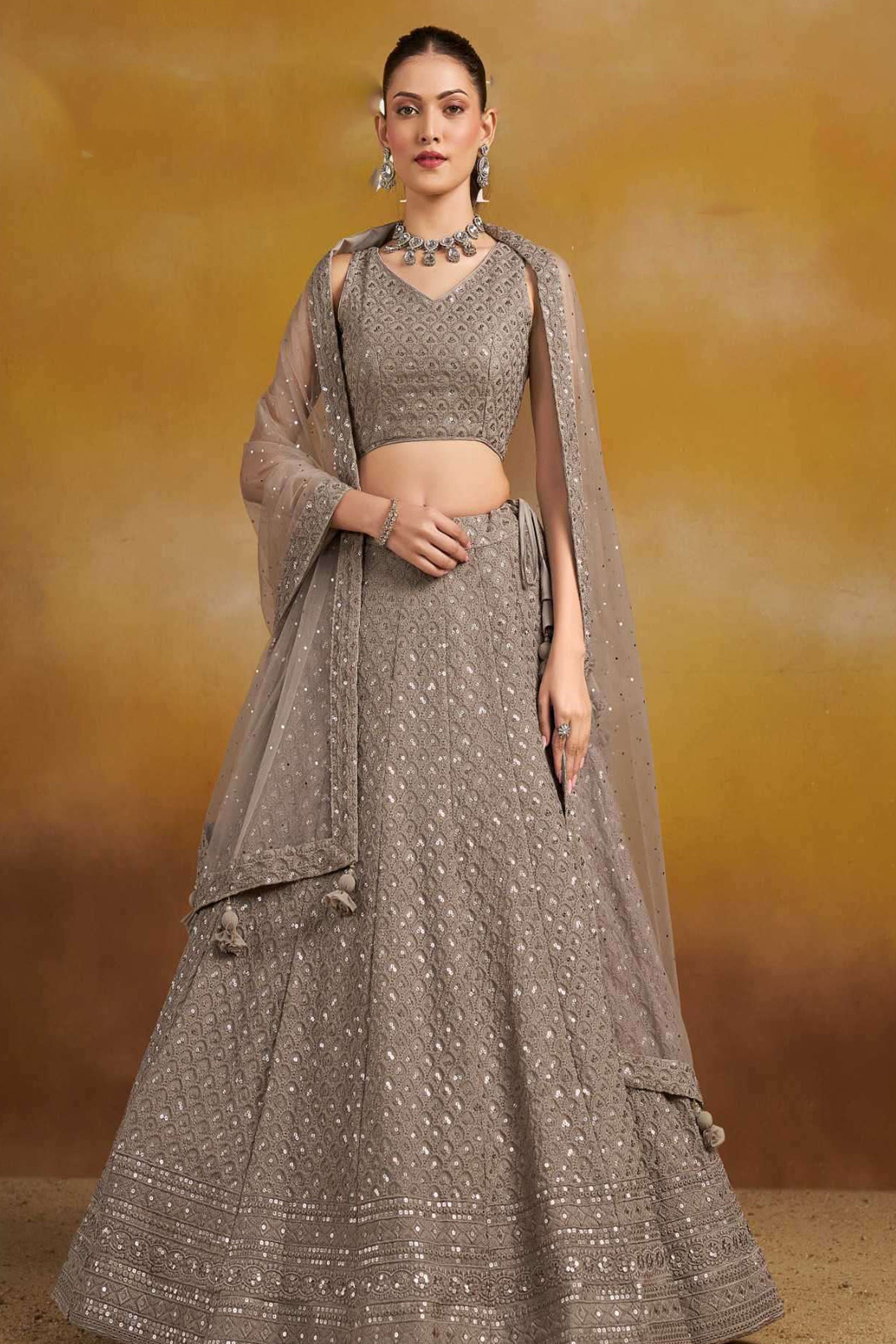 Grey Pakistani Designer Lehenga Choli With Resham Sequins Embroidery For Wedding Reception USA