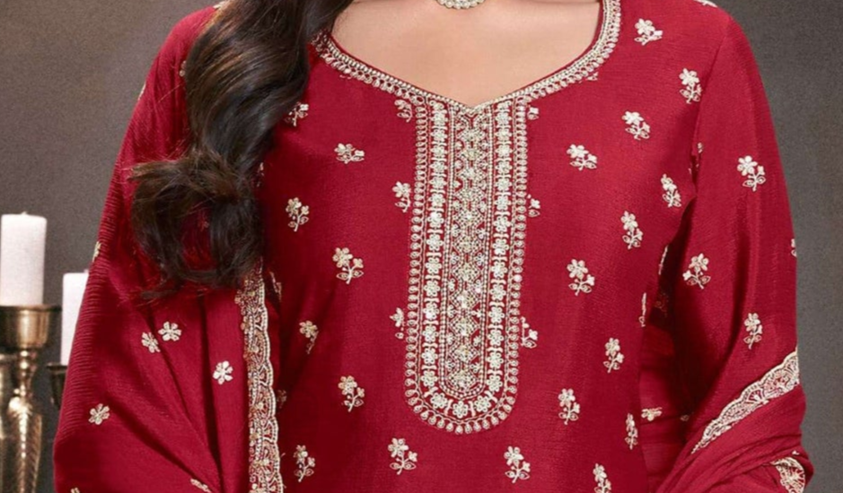 Red Salwar Kameez Ethnic Wear For Wedding Guests - Detailed Embroidery Close-Up