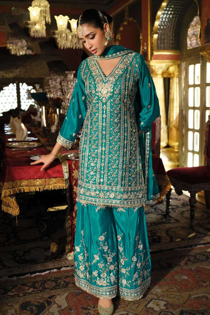 Teal Green Embroidered Sharara Dress - Heavy Work Salwar Kameez For Weddings
