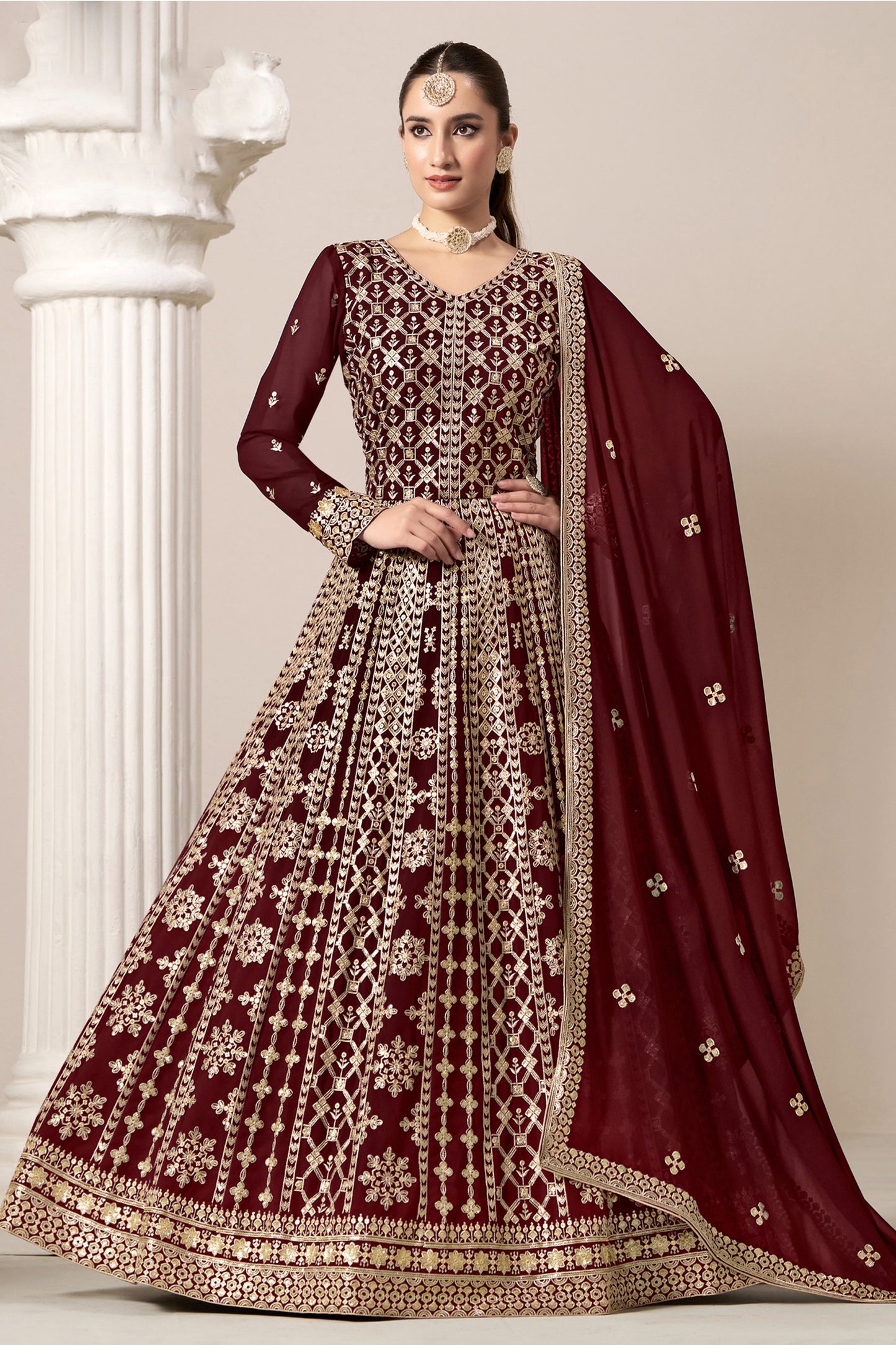 Red Anarkali Dress With Dupatta - Front V Neck Indian Wedding Party Wear Suit