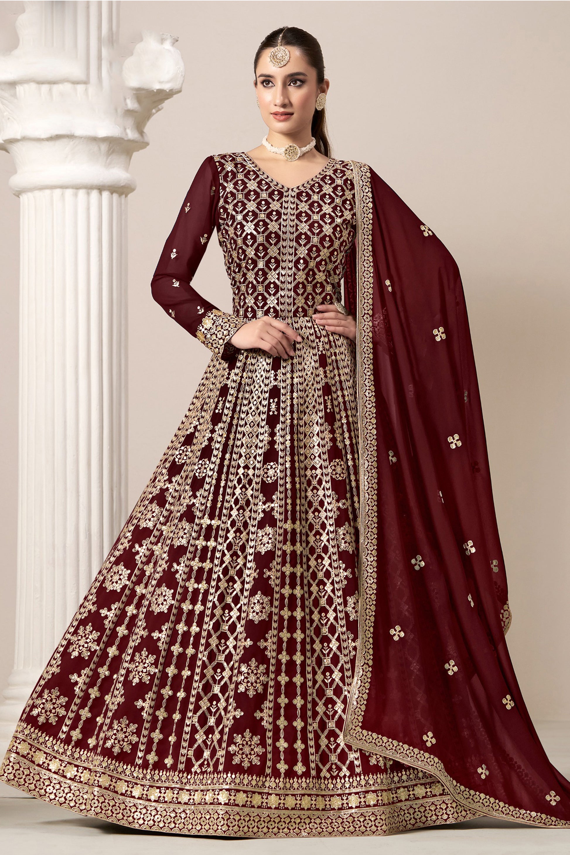 Red Anarkali Dress With Dupatta - Front V Neck Indian Wedding Party Wear Suit