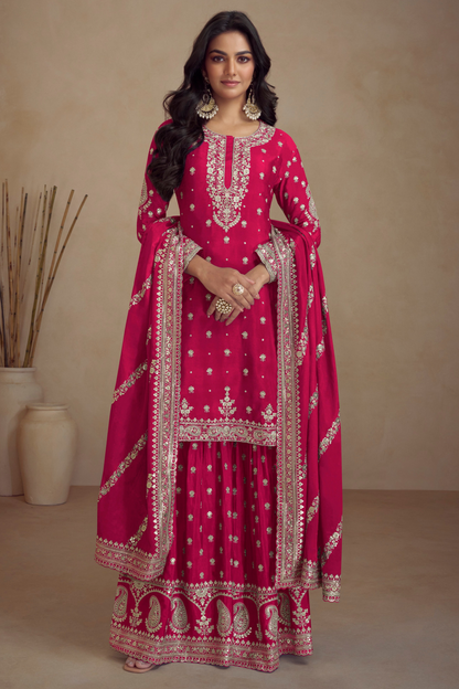 Red Embroidered Sharara Suit With Dupatta For Indian Weddings USA - Front View Designer Ethnic Wear