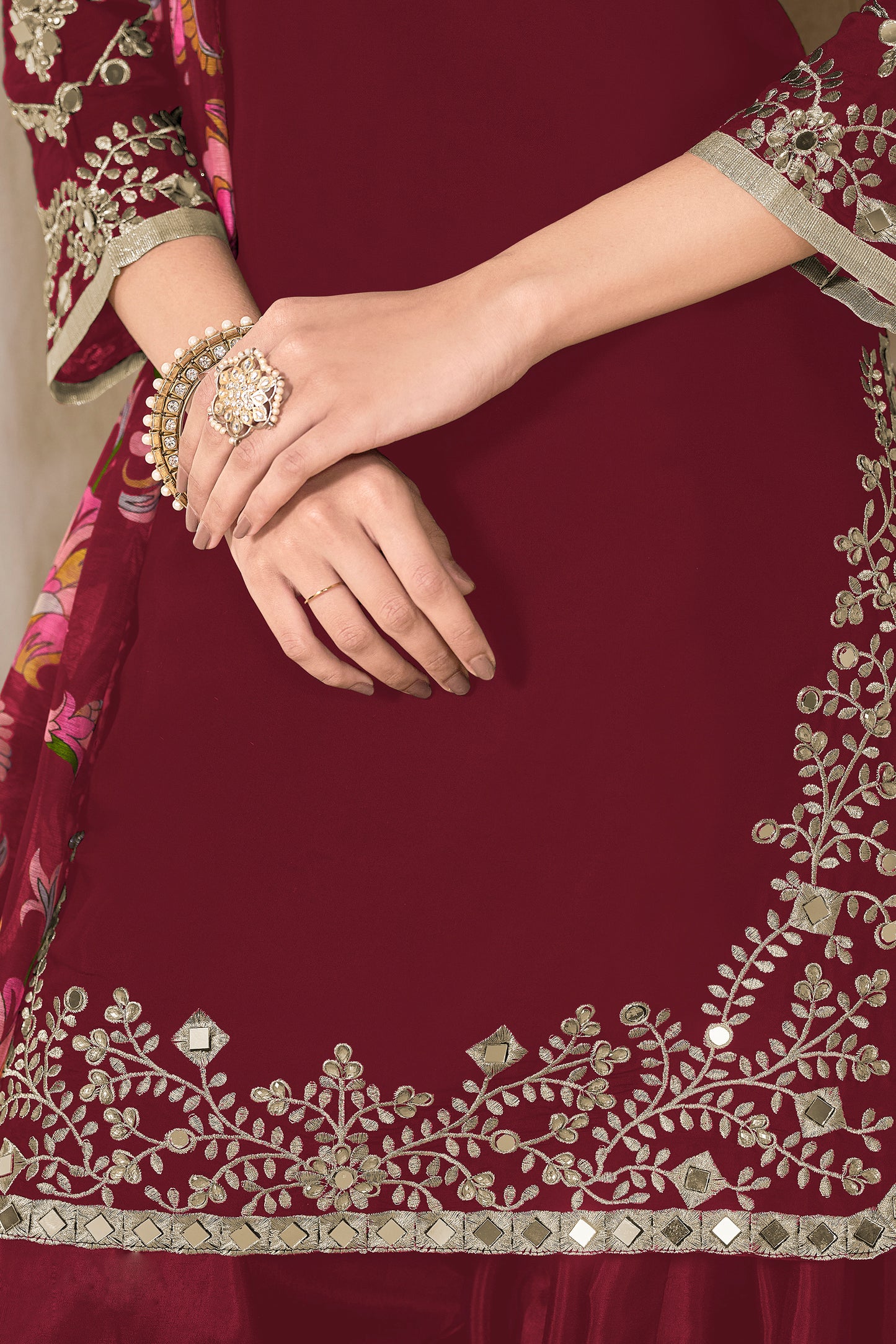  Attractive Dark Red Velvet Santoon Patiyala Suit With Dupatta Suit