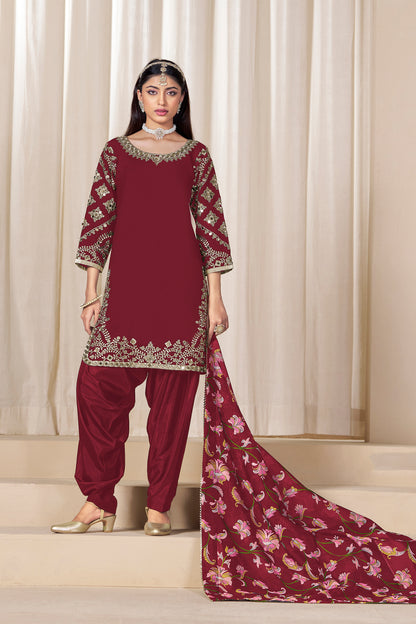 Dark Red Velvet Designer Santoon Patiyala Suit With Dupatta Dress