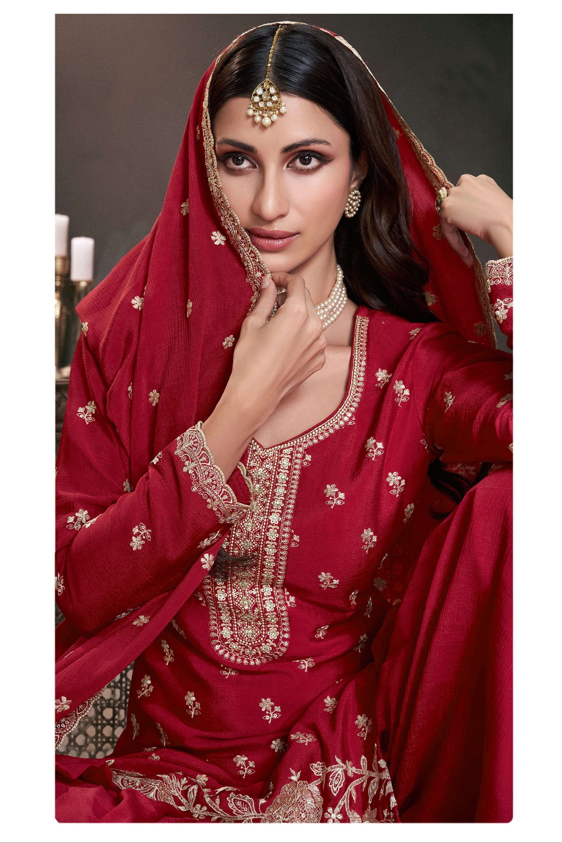 Elegant Red Chinon Palazzo Suit With Embroidery Work - Front View Ready To Wear