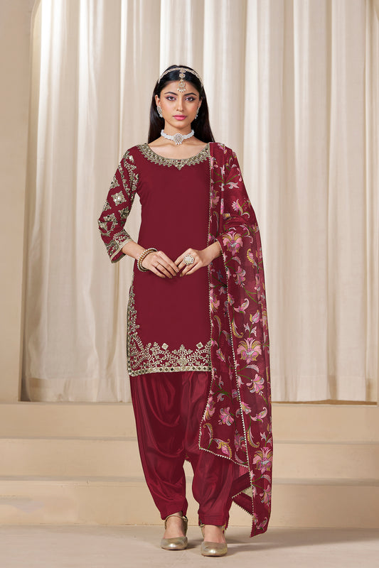 Attractive Red Velvet Designer Santoon Patiyala Suit With Dupatta