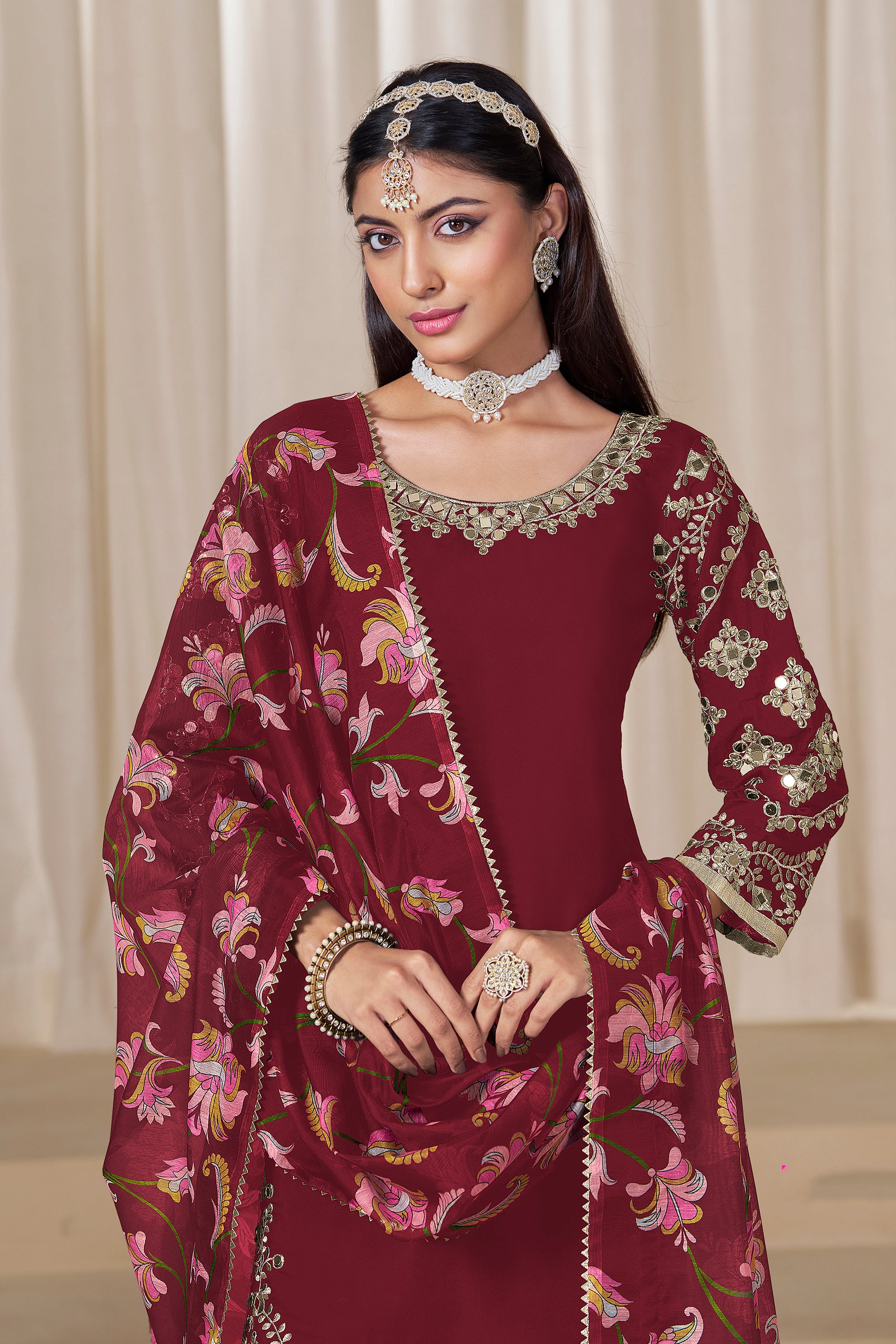 Ethnic Party Wear Red Velvet Designer Patiyala Suit With Dupatta