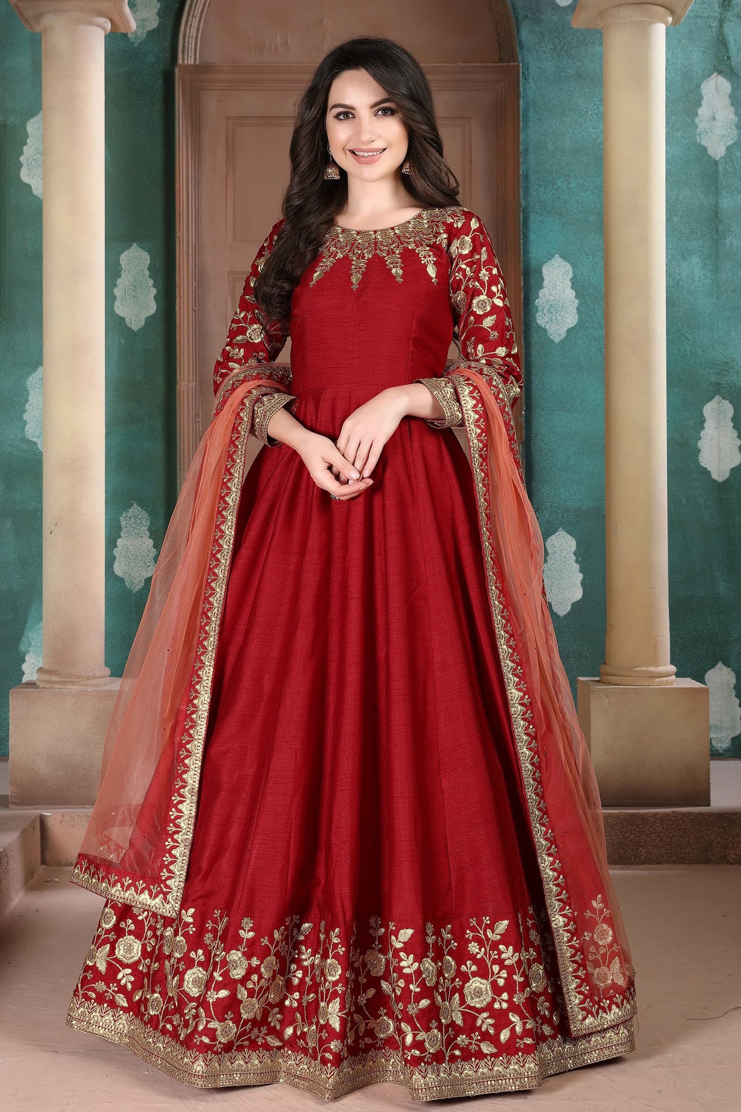 Red Color Heavy Embroidery Worked Anarkali Gown With Net Dupatta Dress