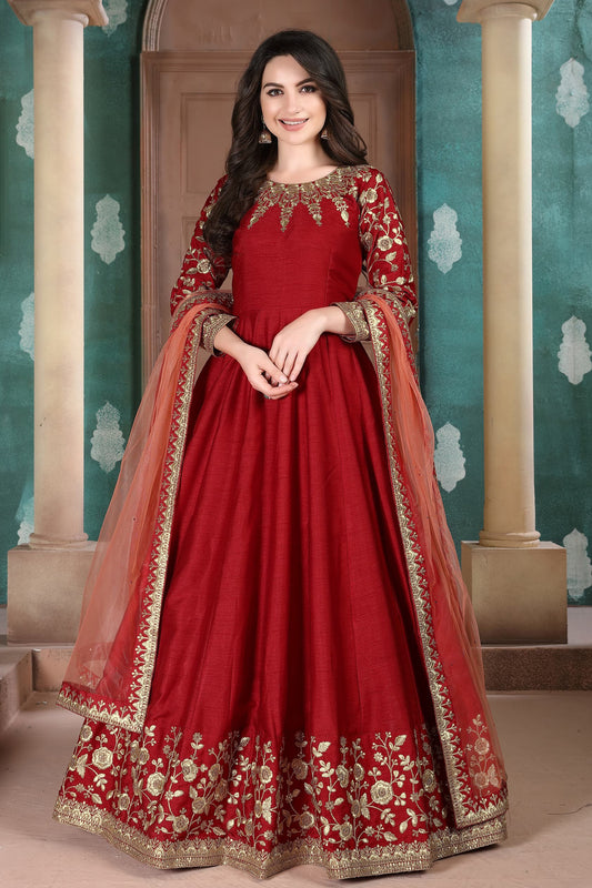 Red Color Heavy Embroidery Worked Anarkali Gown With Net Dupatta Dress