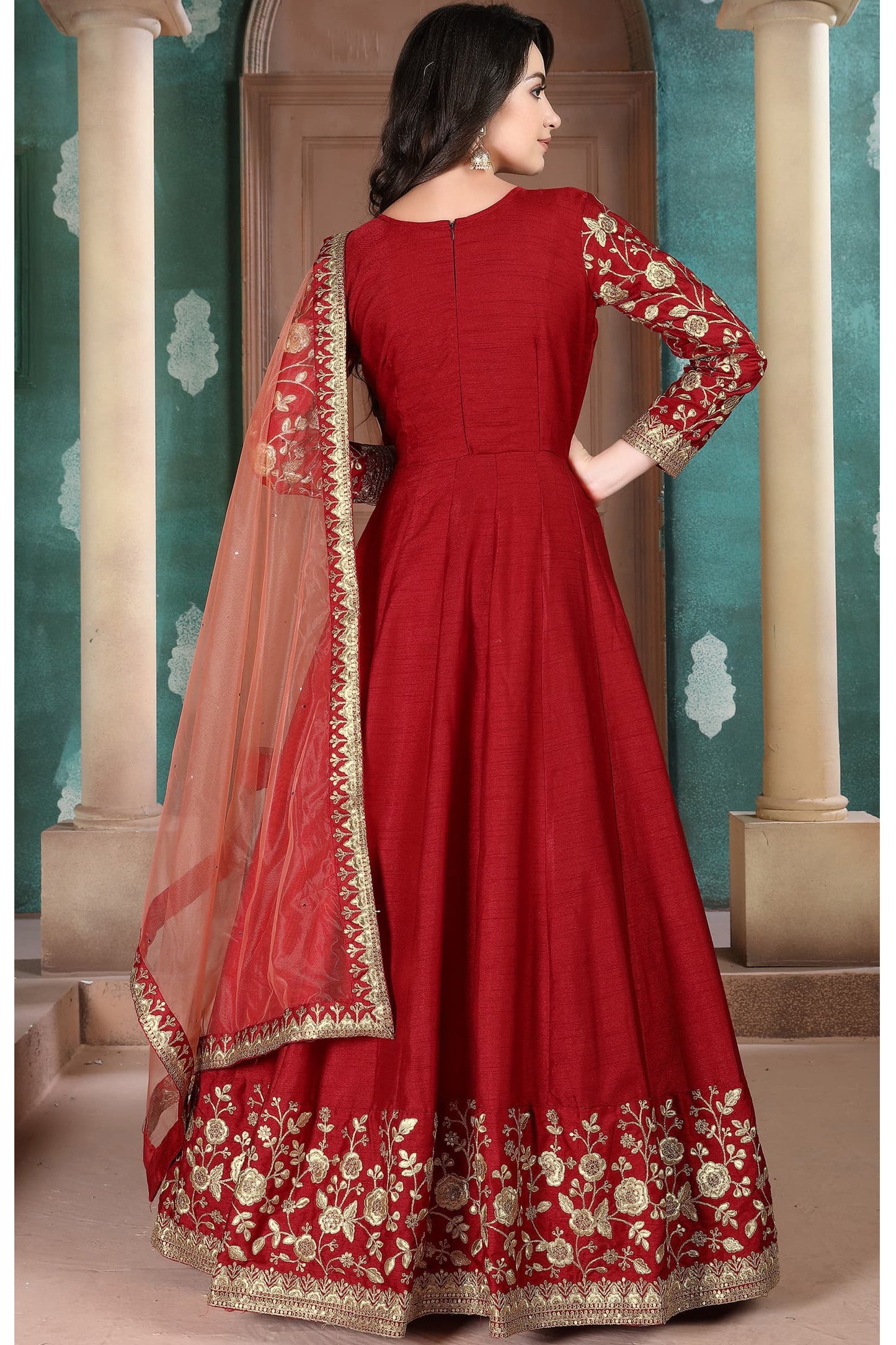 Red Color Heavy Embroidery Worked Anarkali Gown With Net Dupatta Dress