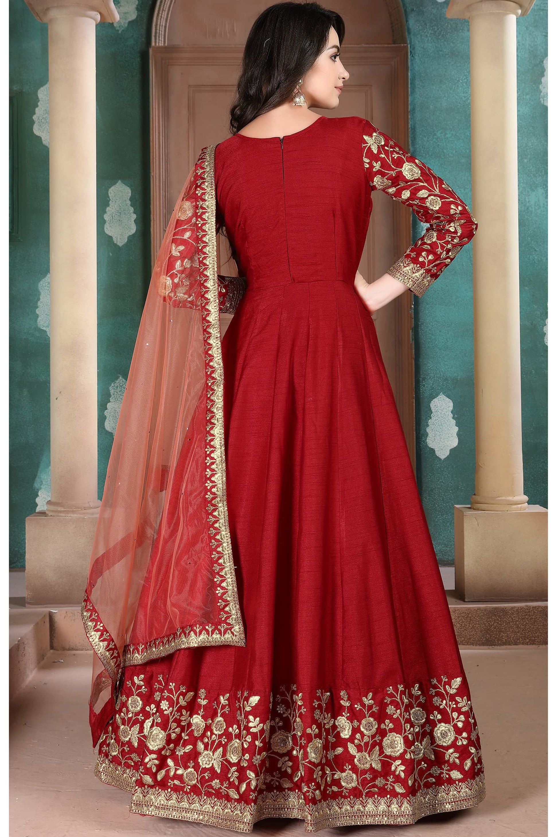 Red Color Heavy Embroidery Worked Anarkali Gown With Net Dupatta Dress