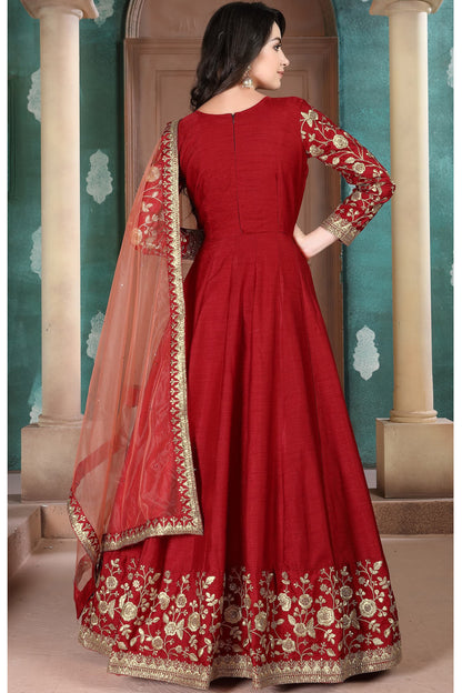 Red Color Heavy Embroidery Worked Anarkali Gown With Net Dupatta Dress