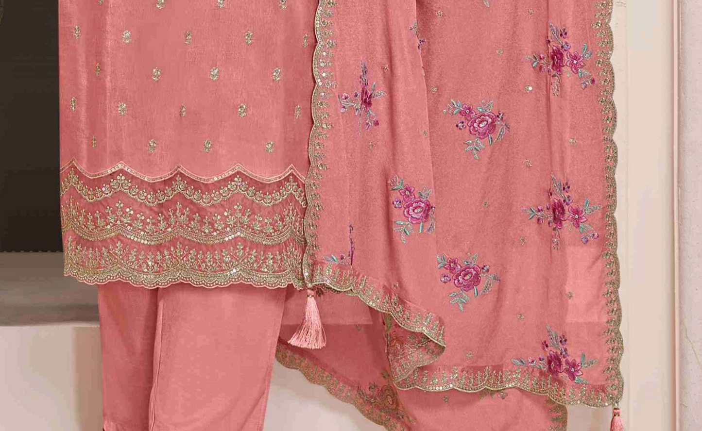 Elegant Peach Pink Traditional Salwar With Gold Embroidery Work For Cultural Ceremonies