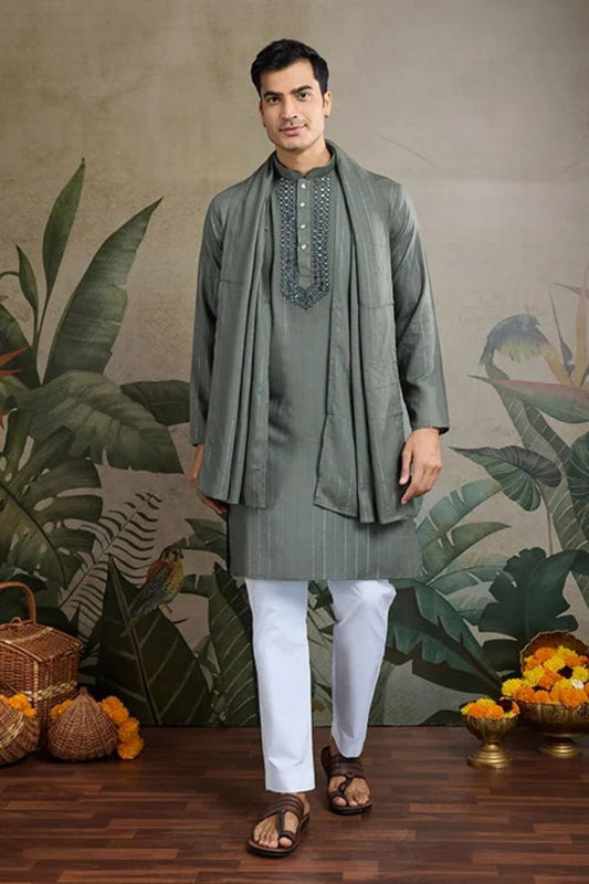 Affordable Gray Color Viscose Rayon Kurta Set For Men Real Mirror Work With Matching Pant