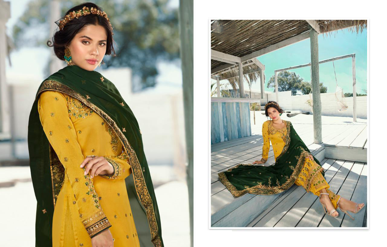 Yellow salwar kameez is bright and happy. Good for haldi or sunny events.
