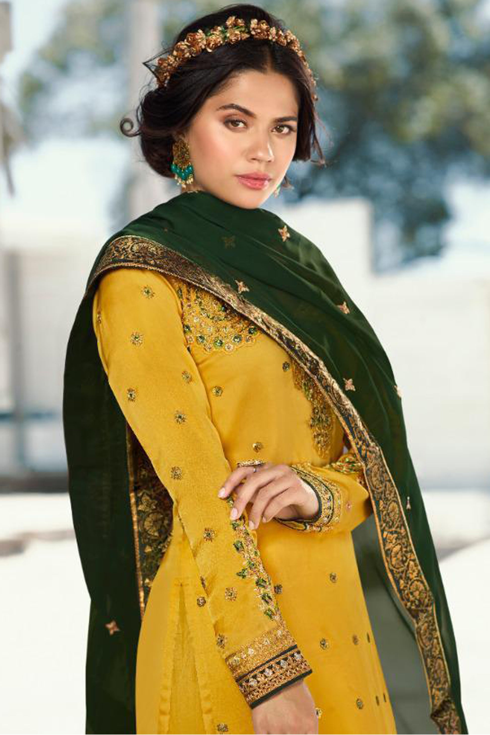 Yellow salwar kameez is bright and happy. Good for haldi or sunny events.
