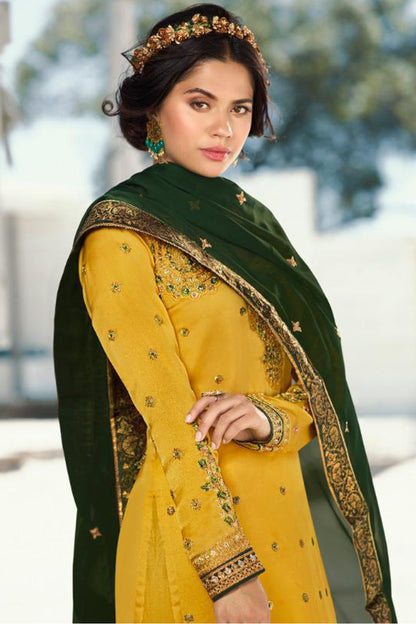 Yellow salwar kameez is bright and happy. Good for haldi or sunny events.
