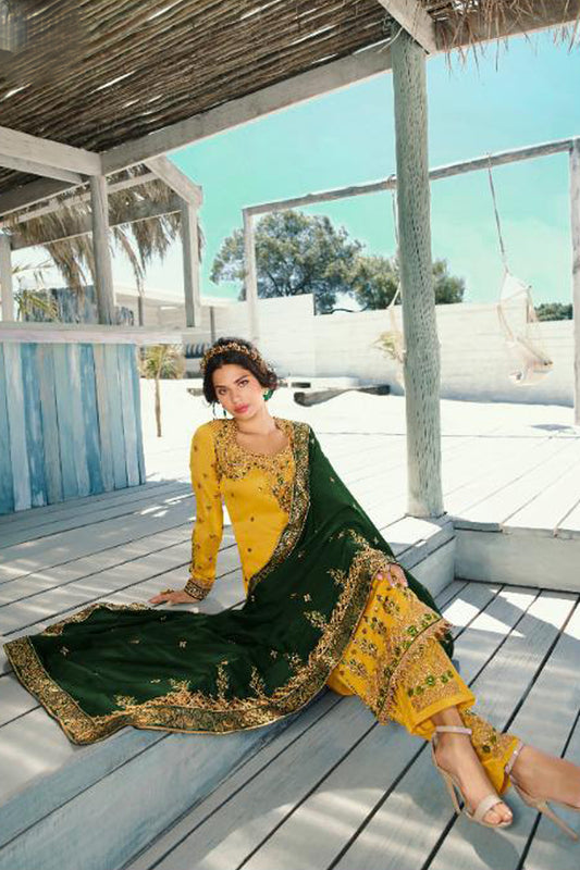 Yellow salwar kameez is bright and happy. Good for haldi or sunny events.
