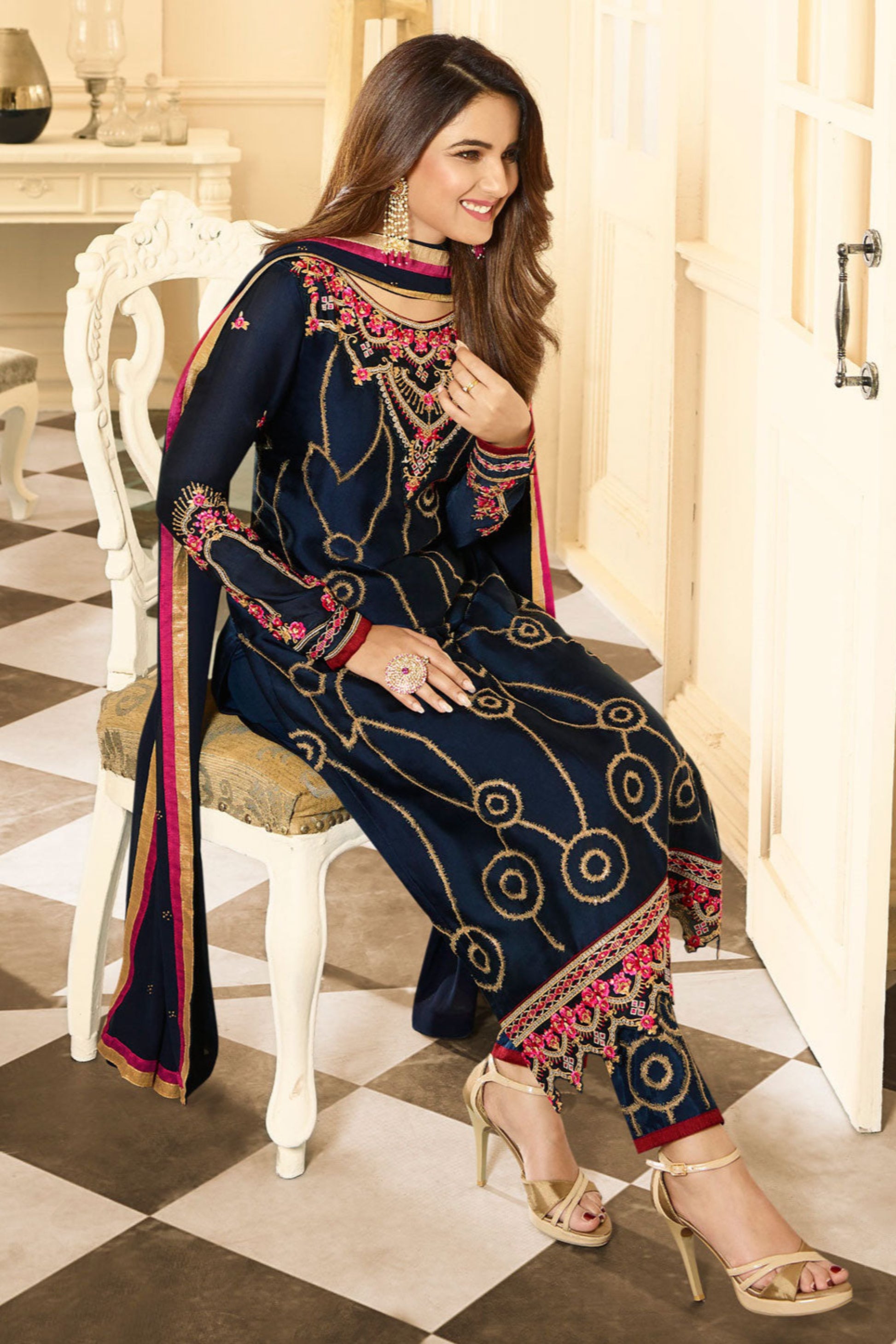 Blue salwar kameez feels calm and confident. Light or dark blue suits any time.

