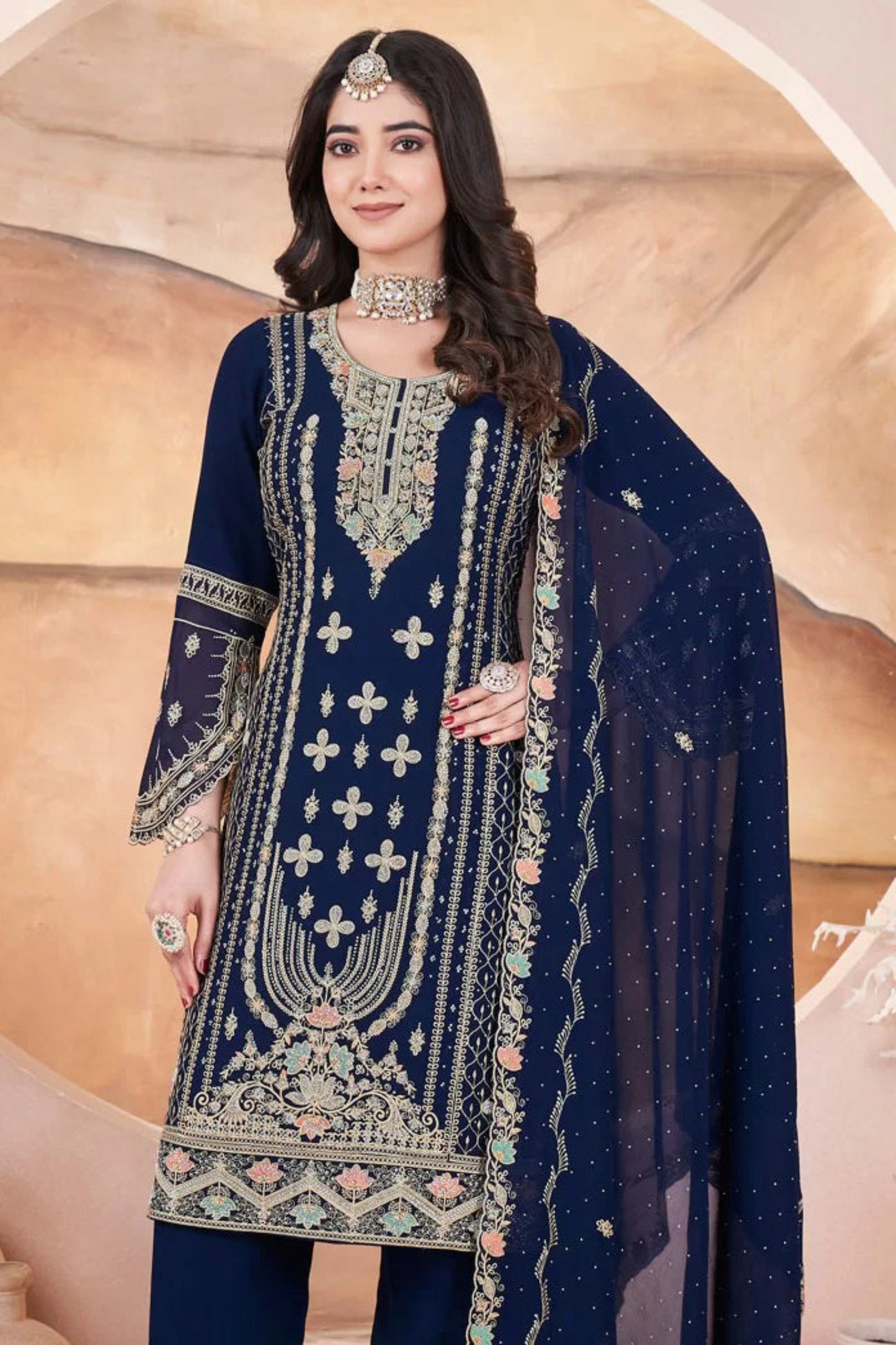 Blue salwar kameez feels calm and confident. Light or dark blue suits any time.
