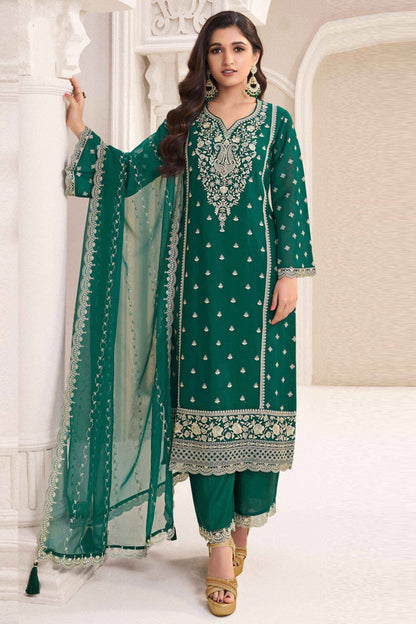 Teal salwar kameez is cool and refreshing. It blends blue and green for a unique look