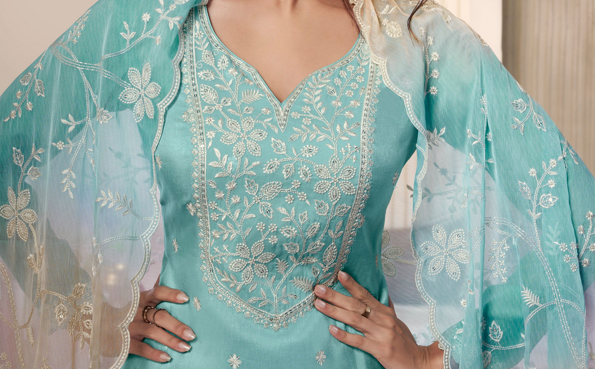 Pakistani Light Sky Designer Chiffon Fabric Traditional Salwar