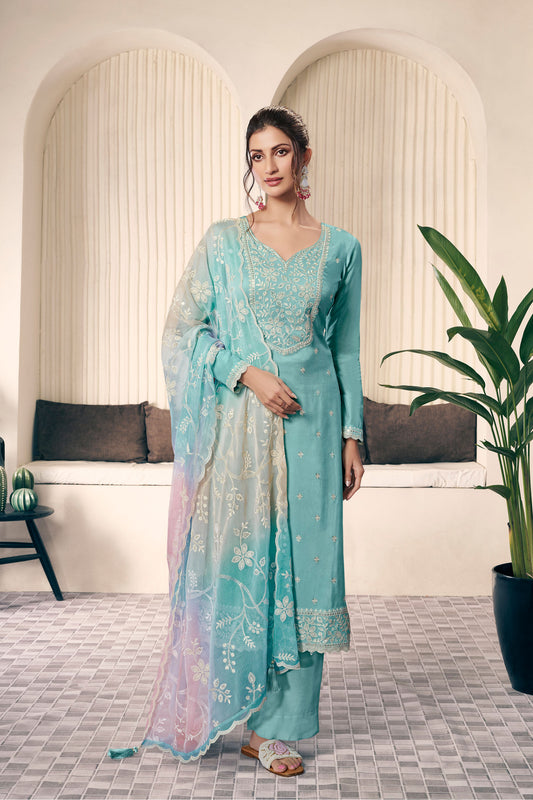 Blue salwar kameez feels calm and confident. Light or dark blue suits any time.
