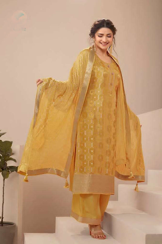 Yellow salwar kameez is bright and happy. Good for haldi or sunny events.
