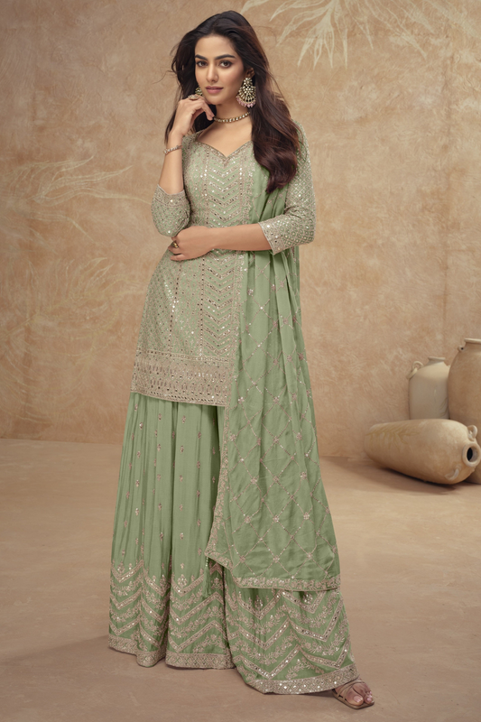 Pistachio Green Ramadan Salwar Kameez Palazzo Suit With Dupatta - Front View
