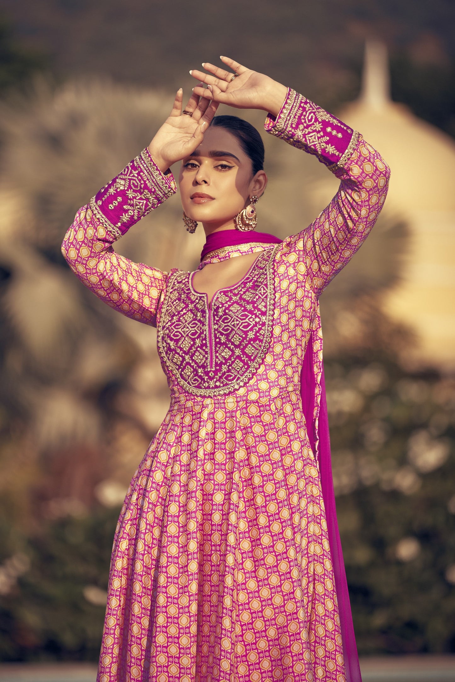 Light pink color salwar kameez in Chinon silk fabric, adorned with delicate embroidery work, offering a soft and elegant look for festive and special occasions.
