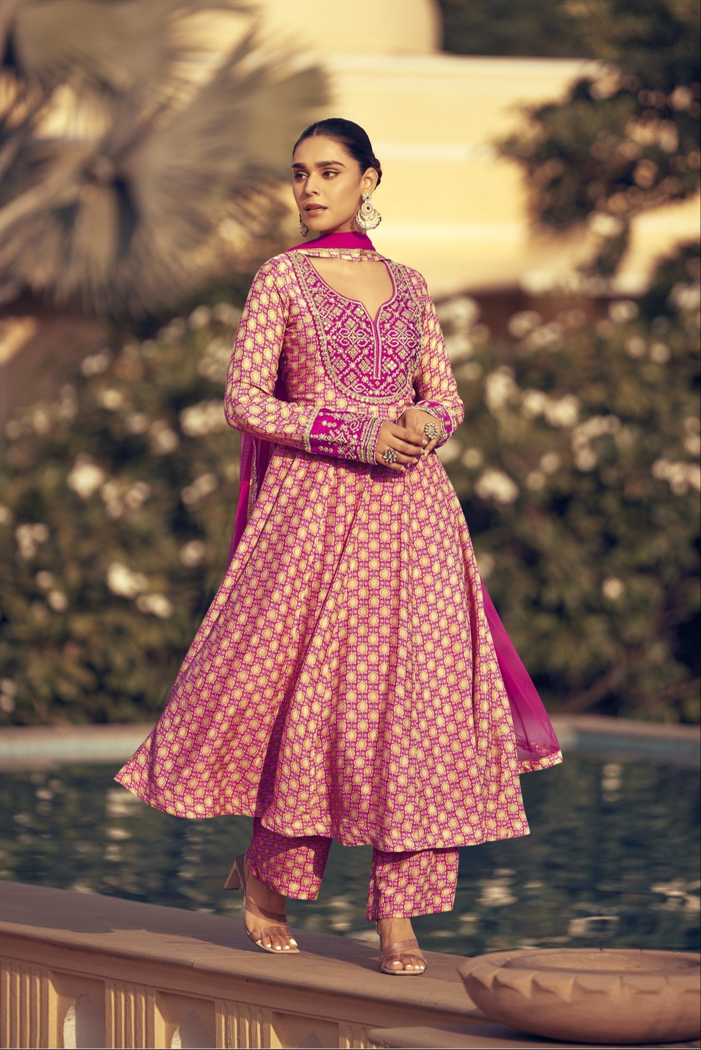 Light pink color salwar kameez in Chinon silk fabric, adorned with delicate embroidery work, offering a soft and elegant look for festive and special occasions.

