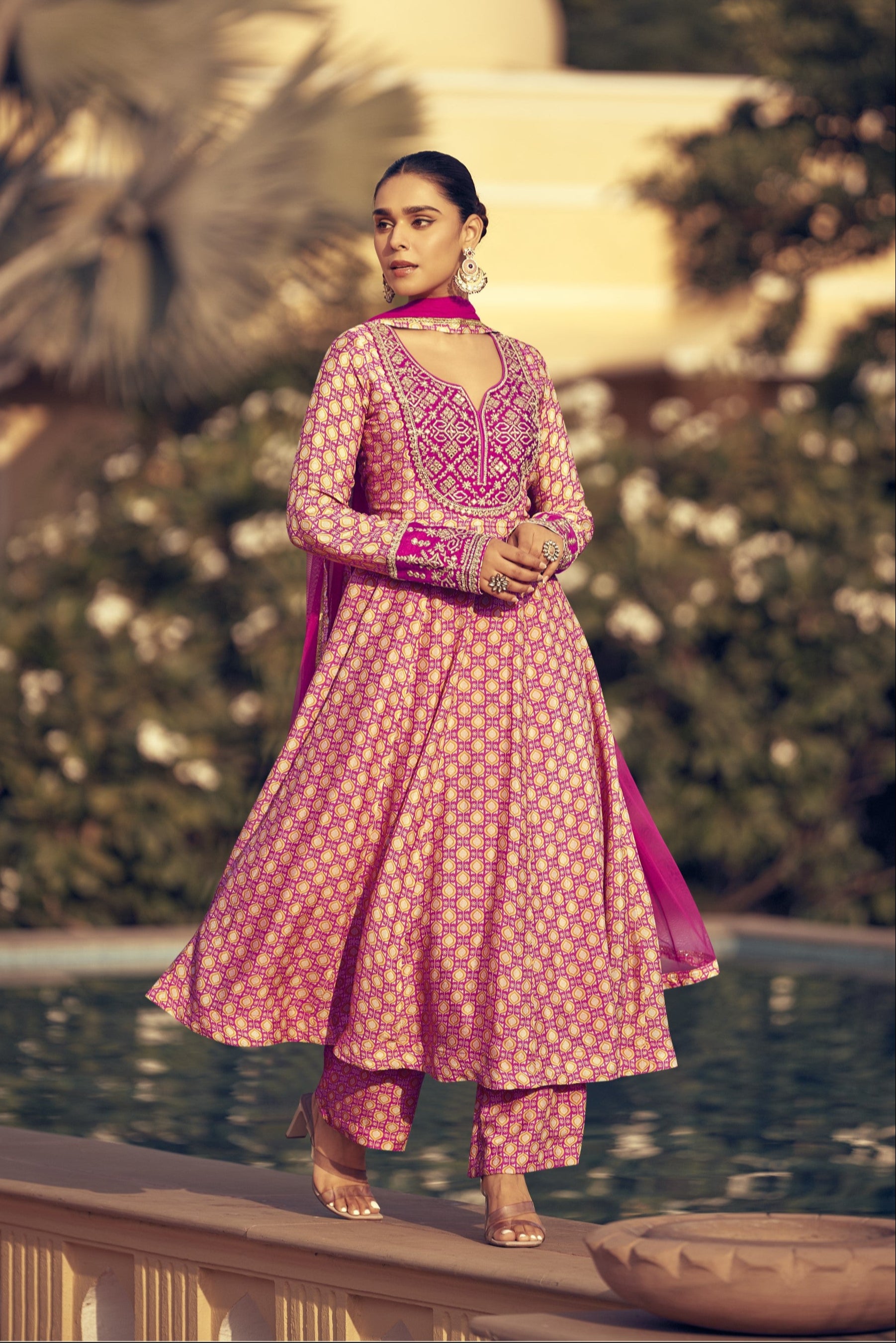Light pink color salwar kameez in Chinon silk fabric, adorned with delicate embroidery work, offering a soft and elegant look for festive and special occasions.
