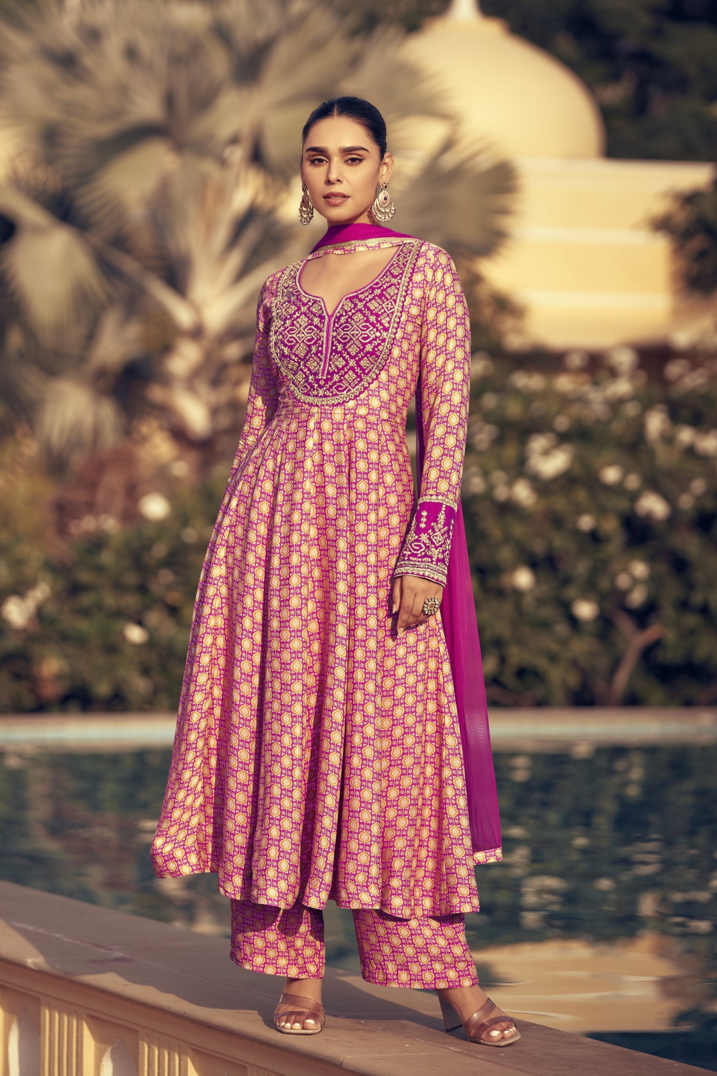 Light pink color salwar kameez in Chinon silk fabric, adorned with delicate embroidery work, offering a soft and elegant look for festive and special occasions.
