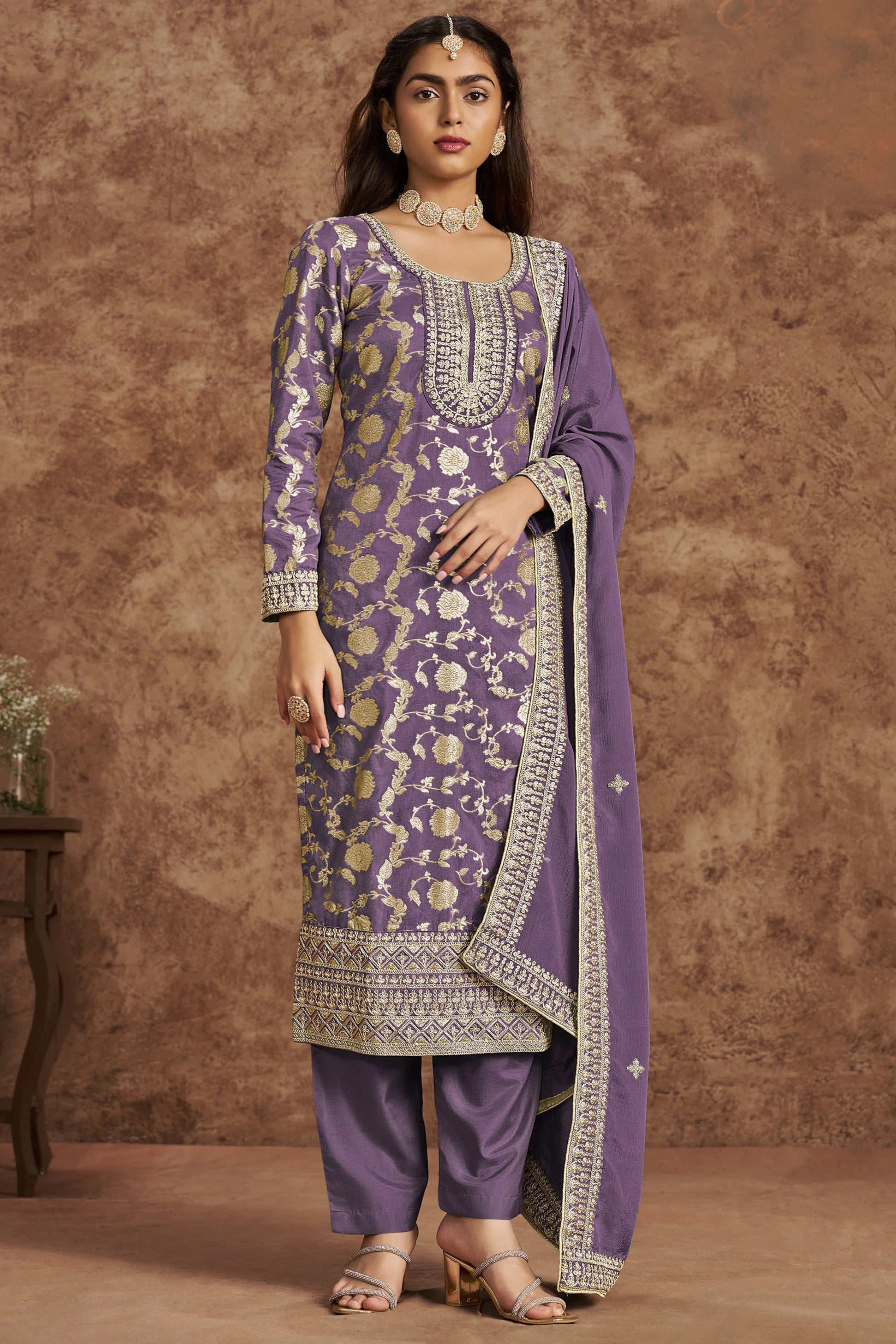 Purple Heavy Embroidered Salwar Kameez with Dupatta - Ready to Wear Pakistani Suit USA Canada UK