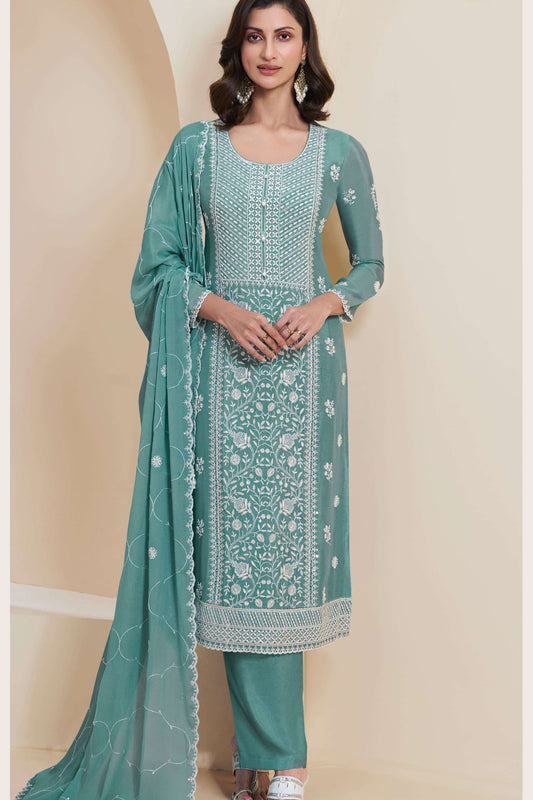 Beautiful teal blue Chinon embroidered salwar kameez with dupatta